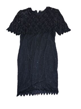 Laurence Kazar Black Beaded Scallop-Edge Midi Dress